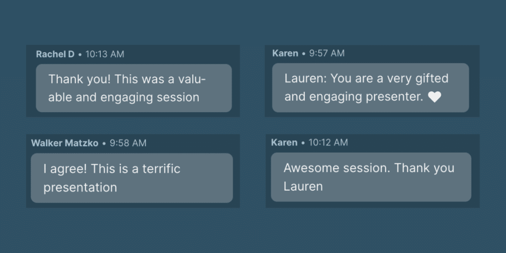 Four screenshots of comments from Lauren Meyer's Litmus Live session.
