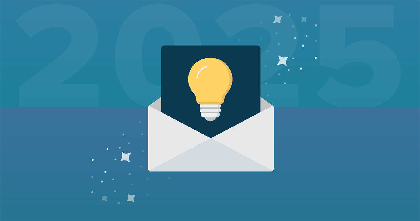 Dark blue card with a lightbulb on it pulled half way out of an email envelope