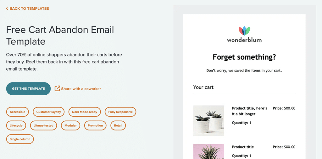A screenshot showing Litmus' free cart abandonment email templates on their website.