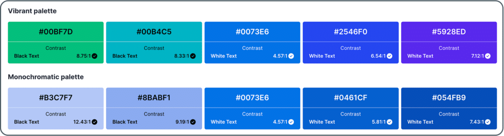 Comparison of vibrant and monochromatic color pallets in green, blue, and purple.