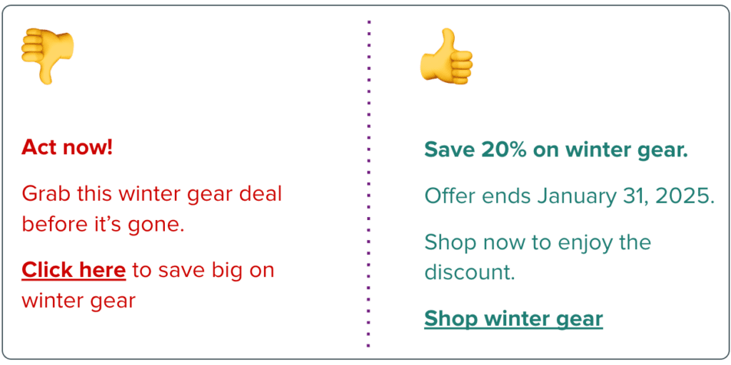 Two examples of email copy, one that's accessible and one that is not. The non-accessible copy uses a cta that says "click here" with a non descriptive header that says "act now."