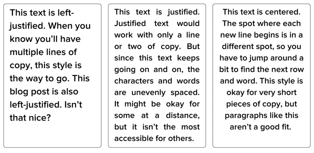 Copy showing how copy can be left justified, centered, and justified.