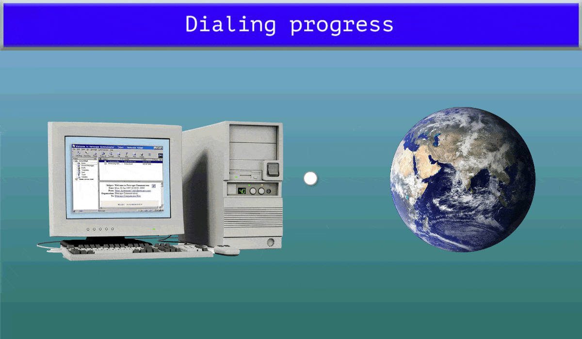 an animated GIF of a vintage computer, with an ellipses and a globe spinning. Text on top reads "Dialing progress"