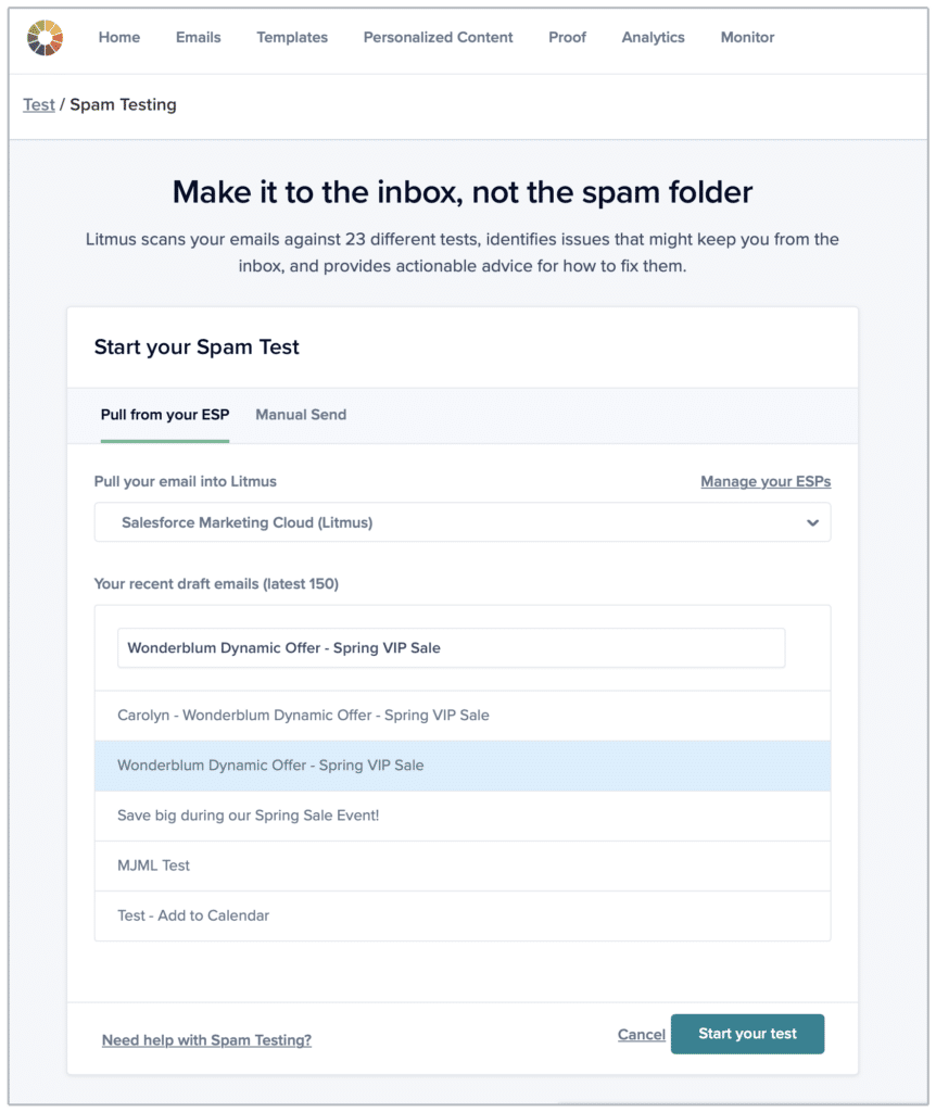 Screenshot of the Litmus platform for running a spam test using ESP Sync
