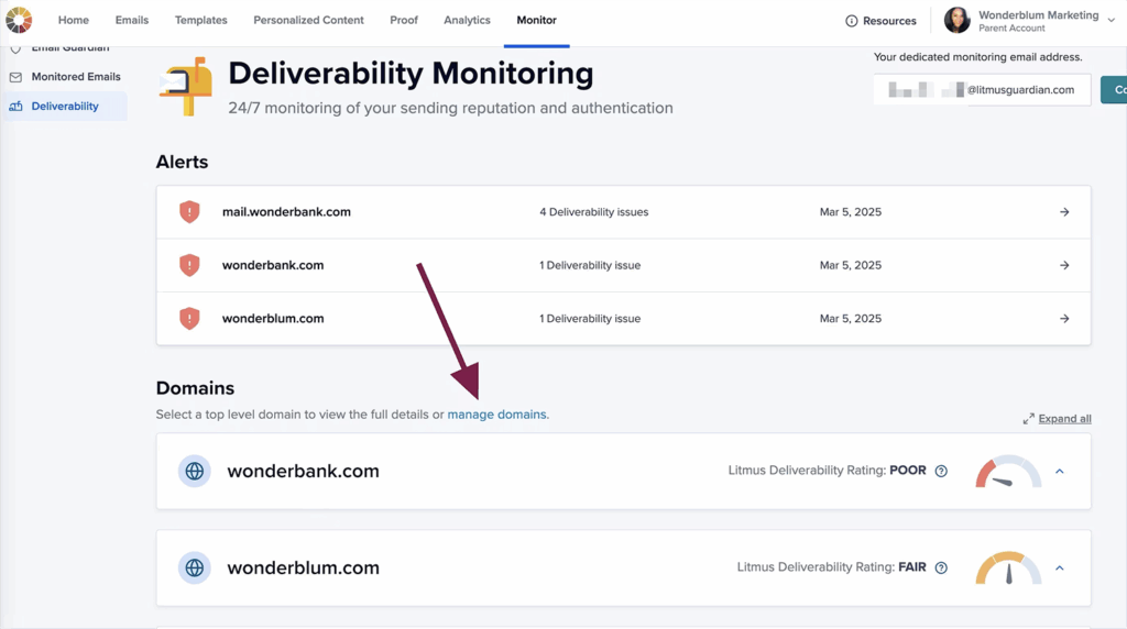 Screenshot of Litmus Deliverability monitoring