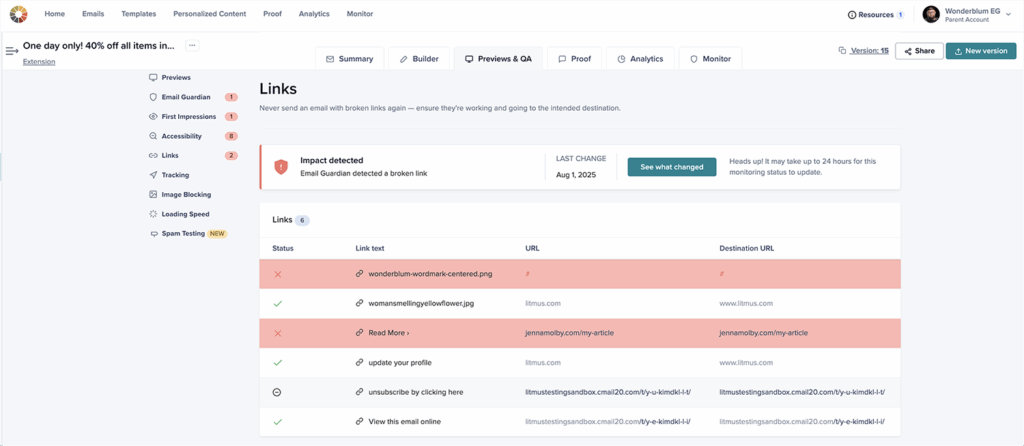 Screenshot of the Previews & QA tab in Litmus