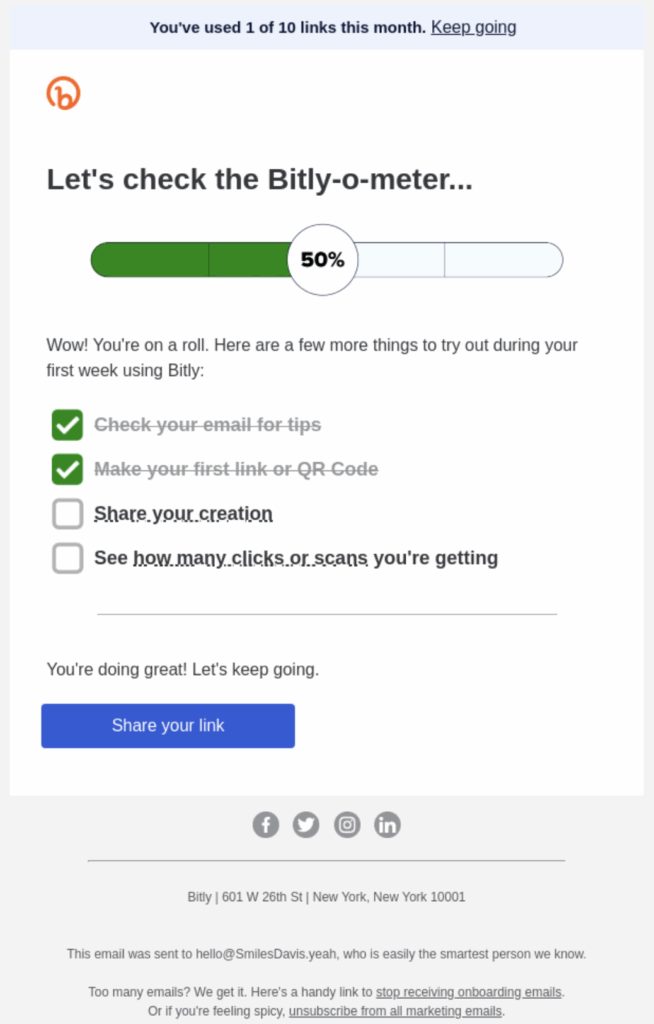 Bit.ly onboarding email with a checklist and progress bar