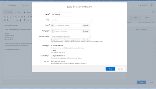 Setting up an A/B test in Marketing Cloud Account Management