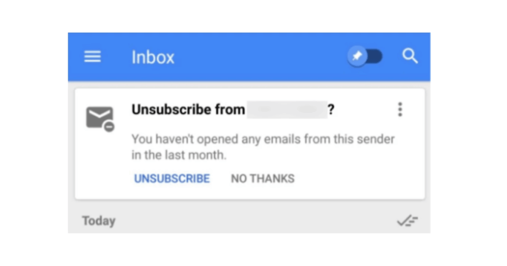 Example of email unsubscribes in the inbox